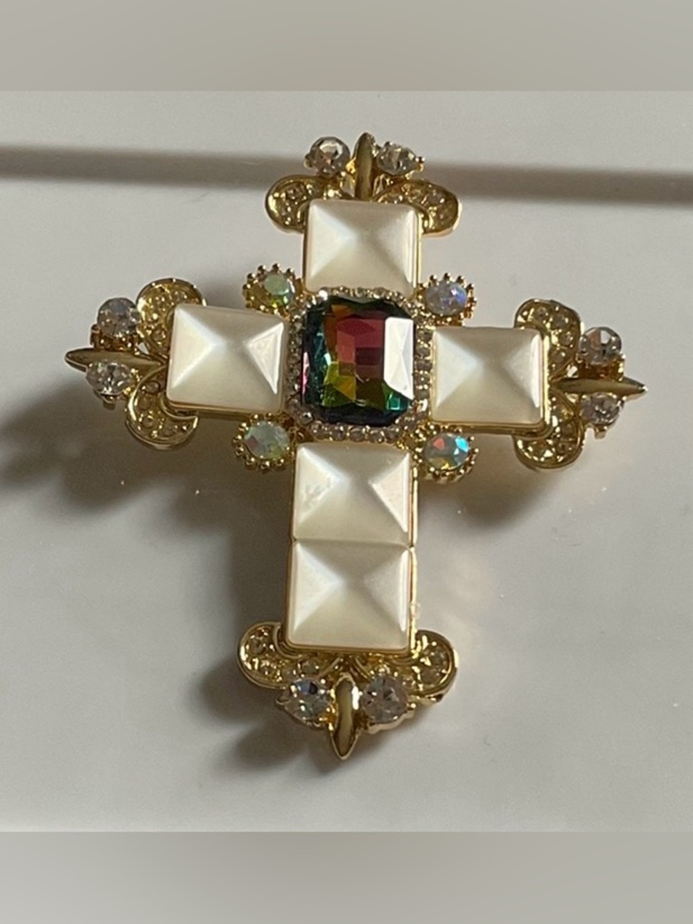 Gold Cross Brooch W/ 5 Pyramid Catseye Stones &  Watermelon Crystal Center Stone
